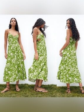 Zara Green and White Floral Cutout Maxi Dress S